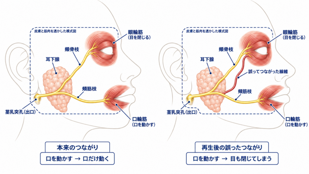 本来は神経が口の筋肉と目の筋肉に別々に届くが、再生後に枝分かれして両方に届くため口を動かすと目も閉じてしまう病的共同運動の仕組みの図解