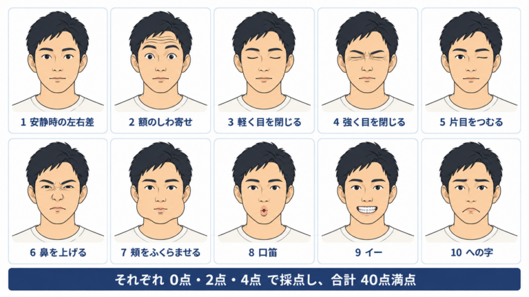 柳原法の10項目（安静時の左右差・額のしわ寄せ・軽く目を閉じる・強く目を閉じる・片目をつむる・鼻を上げる・頬をふくらませる・口笛・イー・への字）を各0・2・4点で採点する図解