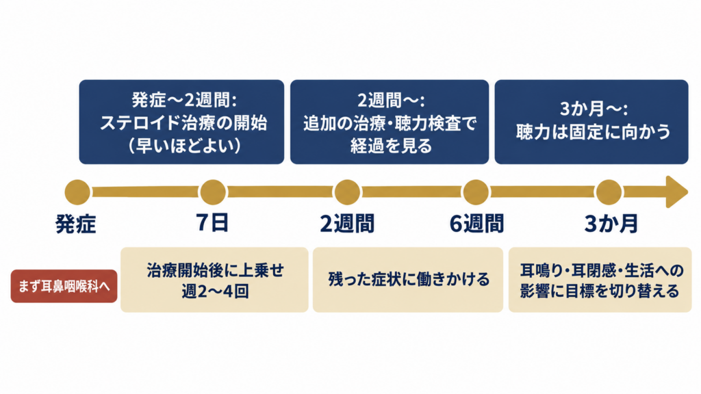 突発性難聴の発症からの時間軸と、耳鼻咽喉科と鍼灸それぞれの役割の図解