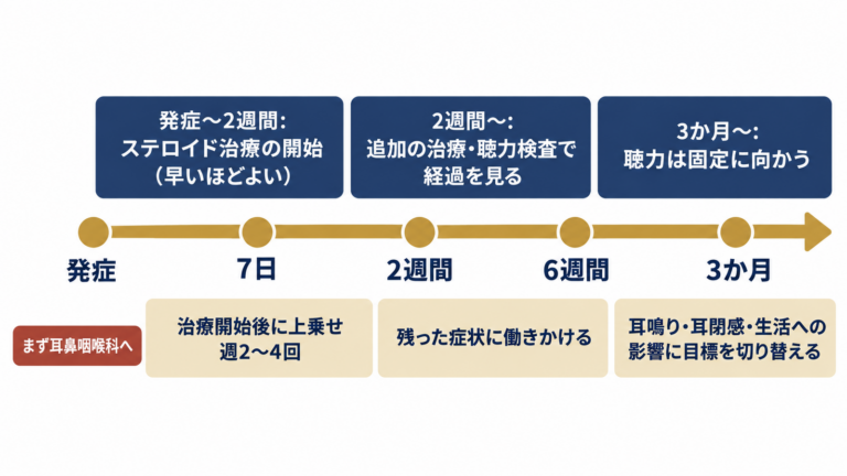 突発性難聴の発症からの時間軸と、耳鼻咽喉科と鍼灸それぞれの役割の図解