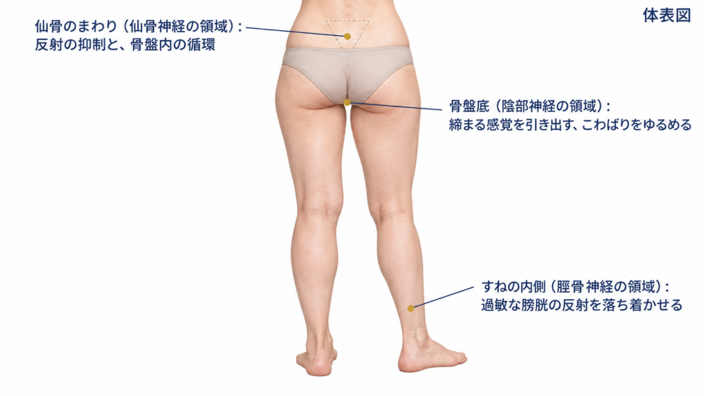 腰から足までの体の輪郭に、すねの内側・仙骨のまわり・骨盤底の3つのエリアとそれぞれの狙いを示した図解