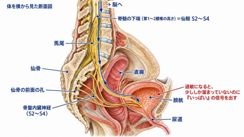 膀胱の感覚が脊髄を通って脳とやり取りする仕組みと、少ししか溜まっていないのに「いっぱい」の信号を出す過敏な膀胱の図解