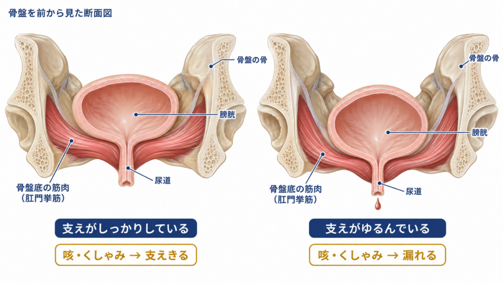 骨盤の底のハンモック状の筋肉が膀胱と尿道を支える状態と、ゆるんで咳やくしゃみで漏れる状態の比較図解